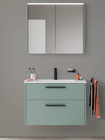 Meubelreeks Sivida. Sivida-set met 2 laden, 81 cm, mat fjordgroen, grepen in diamantzwart.