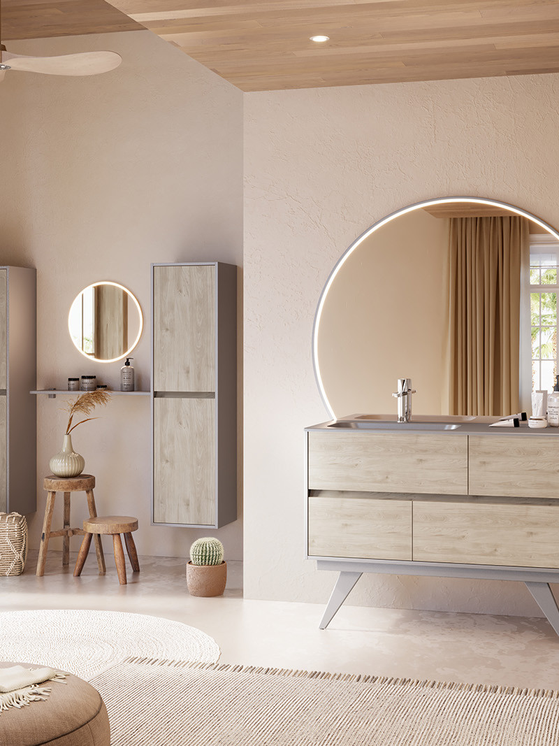 Badkamermeubel van massief hout met wastafel en opbergkasten, dat een elegante en natuurlijke sfeer creëert