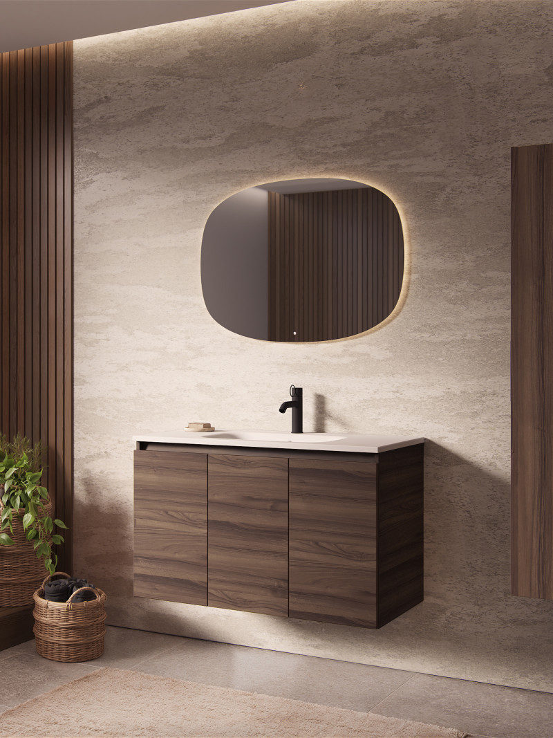 Solid wood cabinet with a bathtub in a modern bathroom