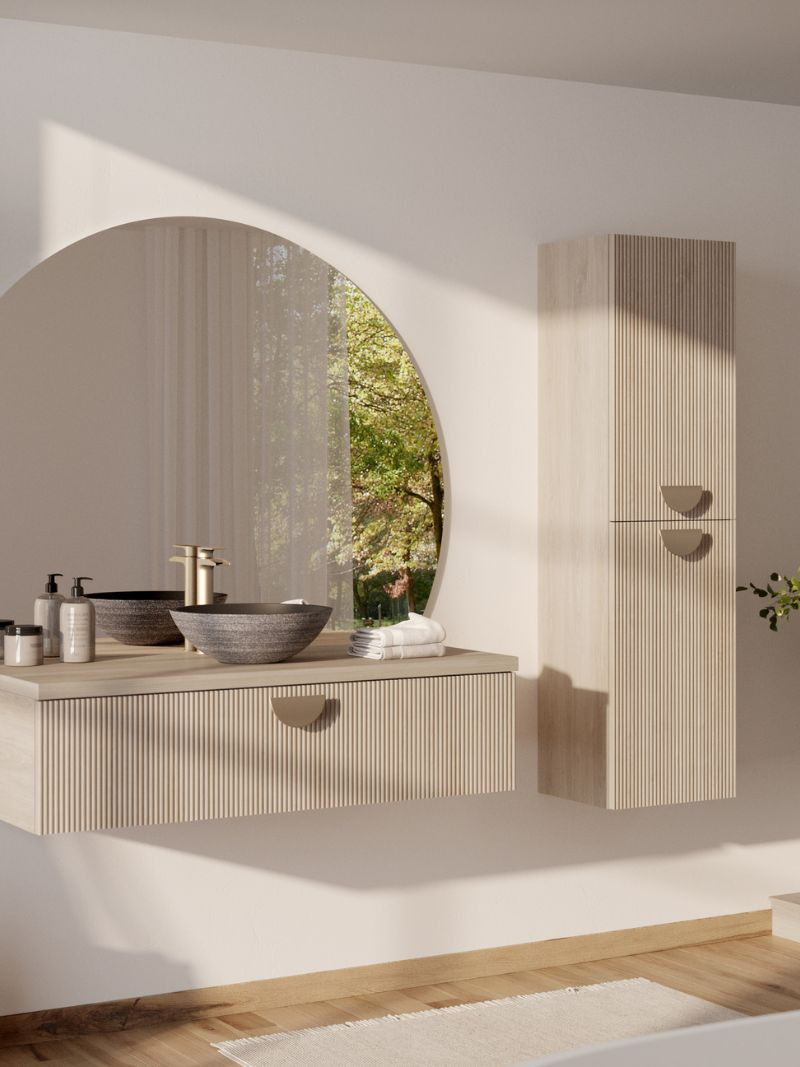 Scandinavian-style bathroom featuring a wall-mounted double vanity unit in light oak, with storage and clean lines