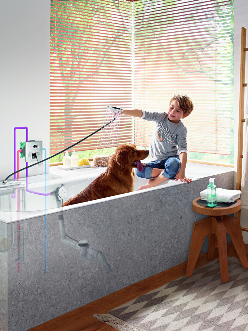 A child giving their dog a shower in a bath with a side door