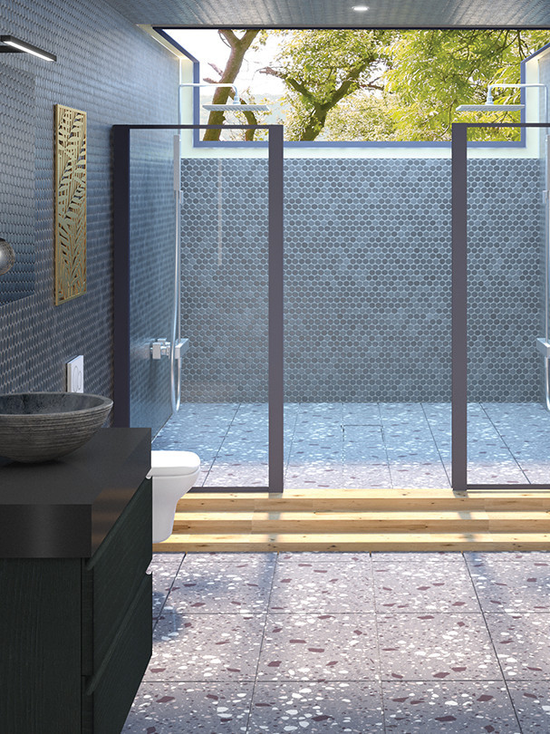 Douche pour deux personnes niche architecturale pommeau pluie Hansgrohe bonde linéaire – Facq Belgique