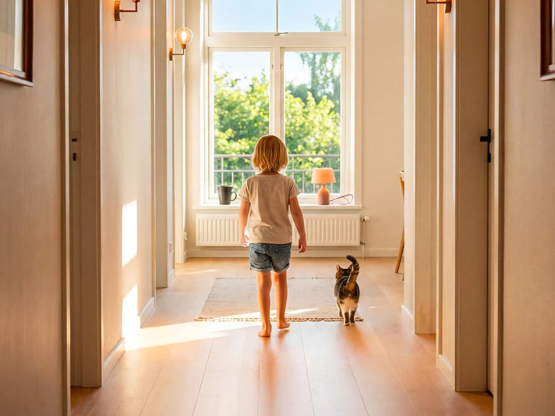 A child is walking barefoot on a heated floor with his cat.