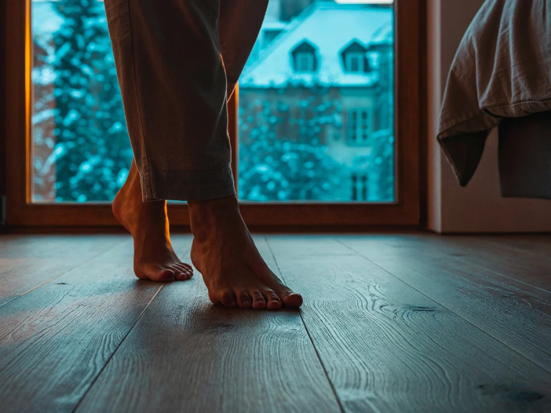 A close-up of bare feet on underfloor heating in winter.