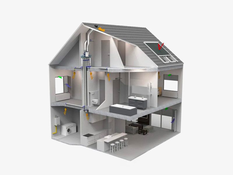 Schéma de fonctionnement d’une ventilation double flux montrant la circulation de l’air dans les différentes pièces d’une maison.