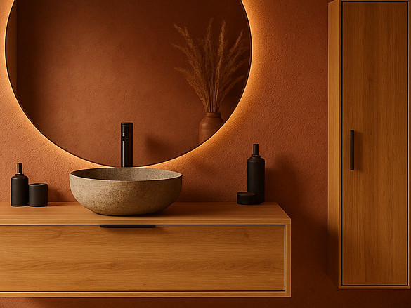 Terracotta badkamer België 2026 – terracotta wastafelmeubel koperkleurige kranen Facq