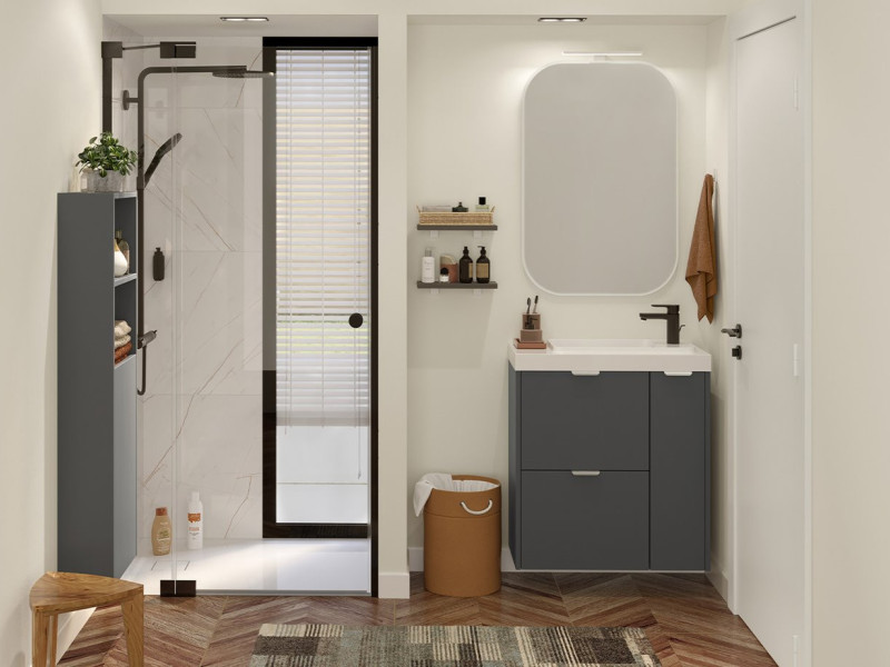 Geoptimaliseerde kleine badkamer België – hangend meubel inloopdouche zonder wand Facq