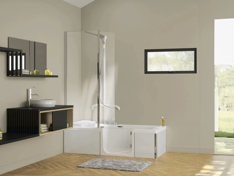 A contemporary bathroom featuring a walk-in bath, a black and wood wall-mounted vanity unit, and an integrated shower suitable for all ages.